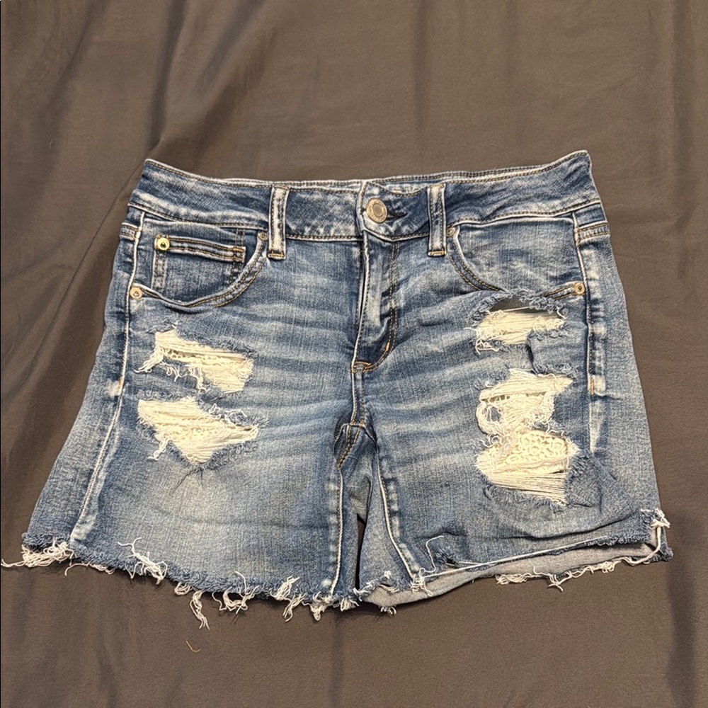 American Eagle Distressed Blue Denim Shorts with Lace Details